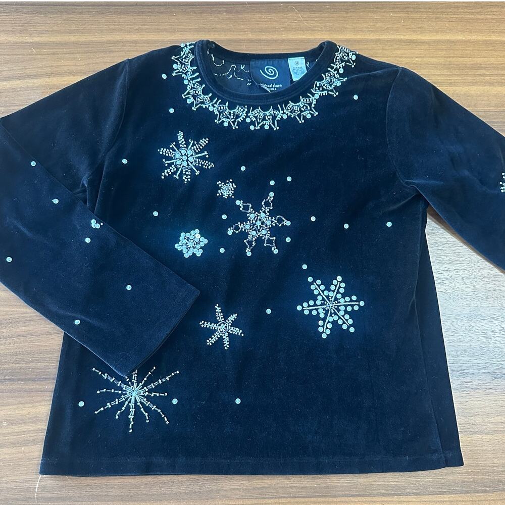 Michael Simon Black Velvet Beaded Snowflake top, Holiday, Christmas, medium